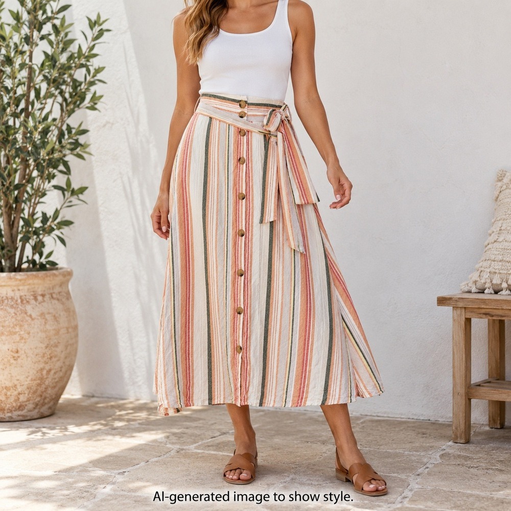 A New Day Womens Medium Striped Linen Blend Button Front Midi Skirt with Belt
